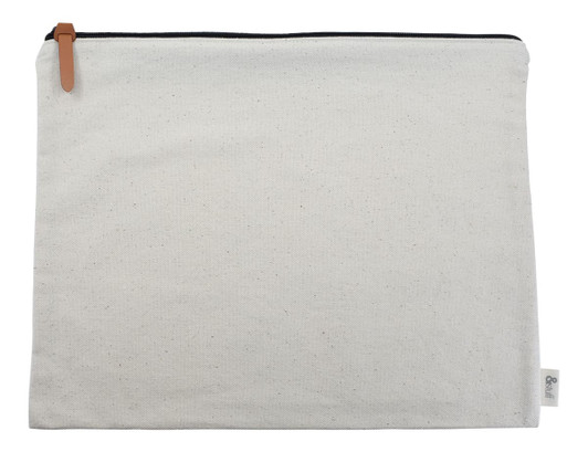 A natural-coloured calico conference bag with a black zipper and a leather pull tab, featuring a logo.