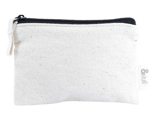 A white canvas pouch with a black zipper, featuring a small branding label on the side.