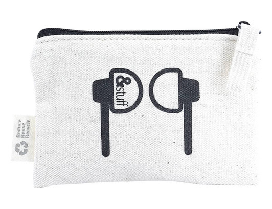 A white earphone pouch with a zip, featuring a logo and graphic design of earphones.
