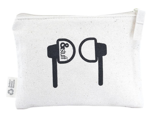 A white calico earphone pouch with a black design featuring earphones, including a logo.