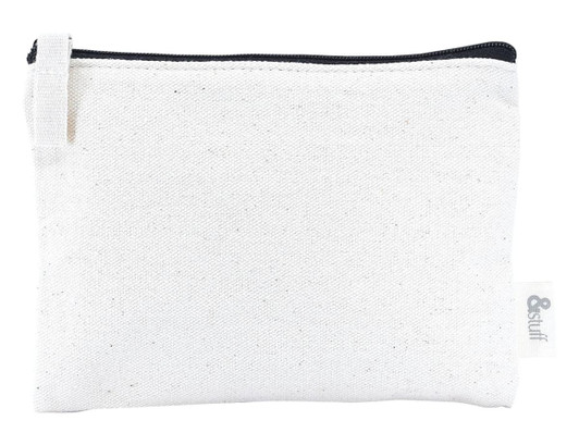 A white calico pouch with a black zipper, suitable for earphones, featuring a small logo.