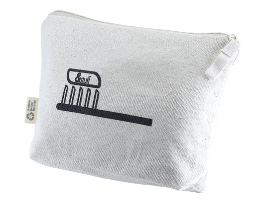 A toiletry bag in a light grey fabric featuring a simple black comb graphic and a zip closure.