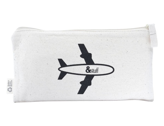 A cream toiletry pouch featuring a black airplane graphic and a logo, with a zip closure.