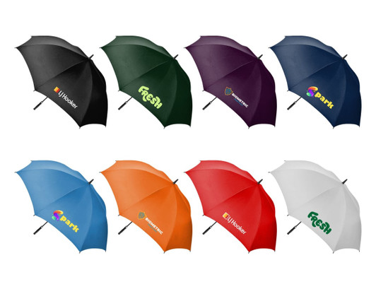 A range of eight golf umbrellas in black, green, purple, blue, orange, and white, each featuring a logo.