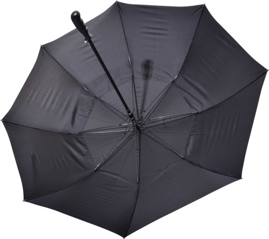 A black auto golf umbrella with a sturdy design and a curved handle. It features a logo on the canopy.