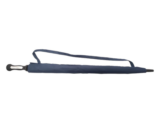 A navy blue auto golf umbrella with a structured handle and a carrying strap. It features a logo on the handle.