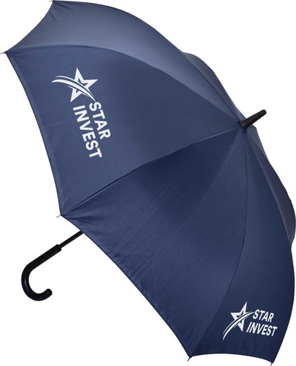 A navy blue umbrella featuring a J handle and a logo on the canopy.