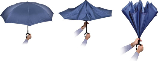 An inverted umbrella with a J handle in navy blue, showing its unique design and functionality.