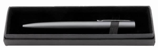 A sleek black pen in a black gift box, designed for packaging pens. The box features a cushioned interior.