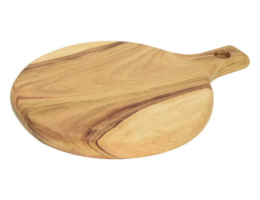 A round wooden serving board with a smooth surface and a handle, featuring natural wood tones and grains.