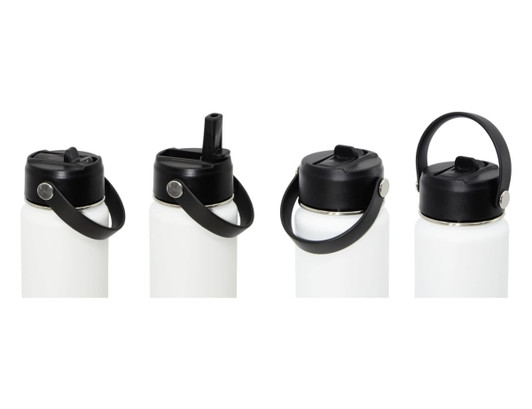 A drink bottle in white with various lid options, featuring a black handle and a branding logo.