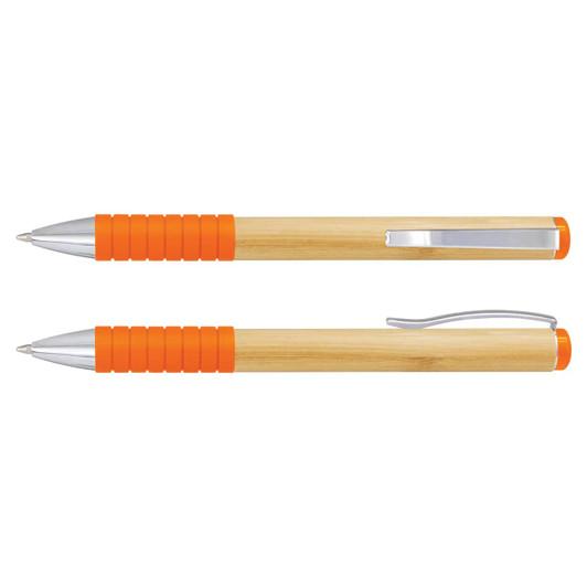 A bamboo twist pen with orange rubber grips and silver accents. It features a clip and smooth writing tip.