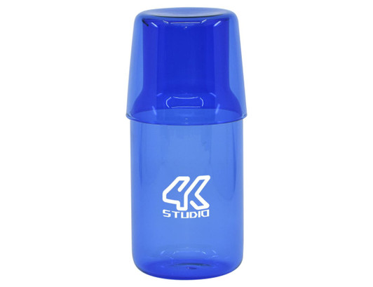 A drink bottle in vibrant blue with a clear cap, featuring a logo on the side.