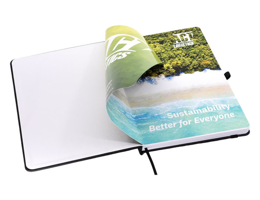 An A5 notepad with a colourful beach and nature design cover, featuring blank pages and a ribbon bookmark.