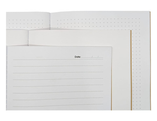 A black A5 journal with dotted and lined pages, featuring a simple design and branding logo.