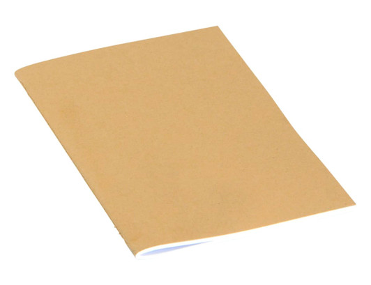 A kraft A5 notebook with ruled pages and a plain brown cover, featuring a logo on the front.
