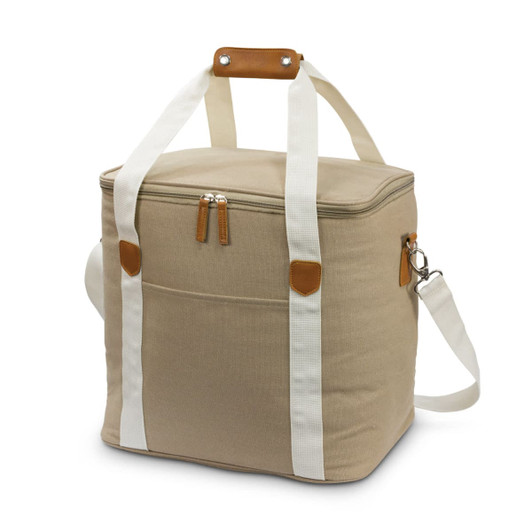 A tan canvas cooler bag with white straps, a brown handle, a zip closure, and a front pocket.