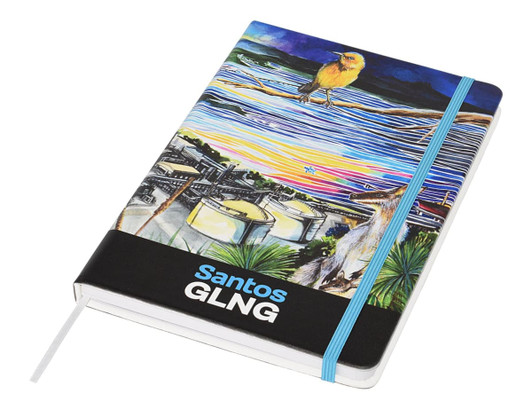 A full-colour A5 notebook featuring a vibrant design with a bird and landscape, complete with a blue elastic band.