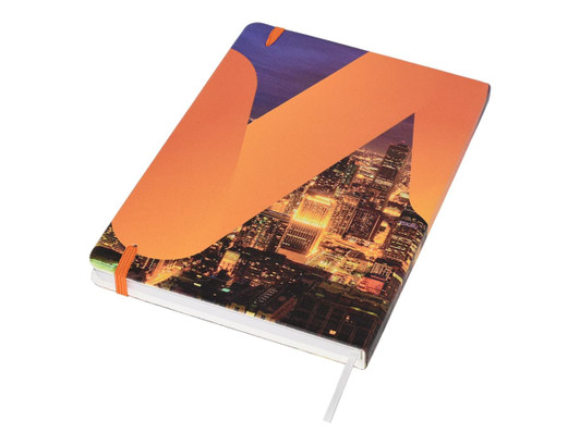A full colour A5 notebook featuring a vibrant orange design with a city skyline background and an elastic closure.