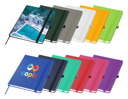 A collection of Bio rPET A5 Notebooks in various colours, featuring a logo on one of the covers.