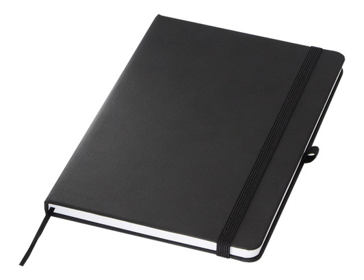 A black A5 notebook with a textured cover and an elastic band closure, featuring a ribbon bookmark.