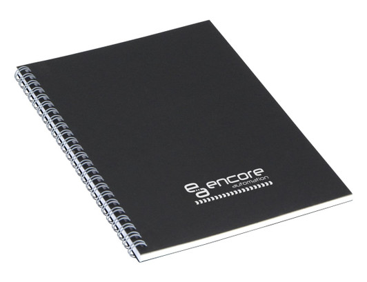 A black A5 spiral notebook with a branded logo on the cover.