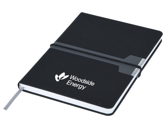 A black A5 notebook with a secure elastic band and a grey tab, featuring a logo on the cover.
