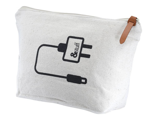 A white toiletry pouch with a zipper closure and a graphic depicting a plug and a cable. It features a brown leather pull tab.