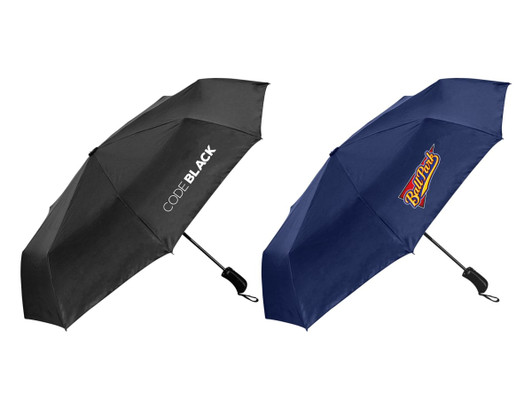 A fold-up umbrella in black and navy blue, featuring a logo on each side. Made from RPET material.
