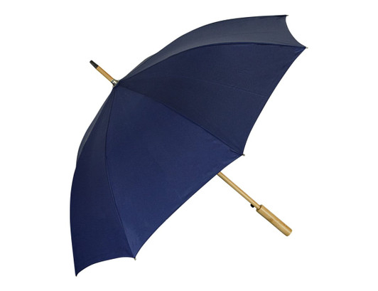 A navy blue RPET umbrella with a wooden handle and a metal frame, featuring a logo.