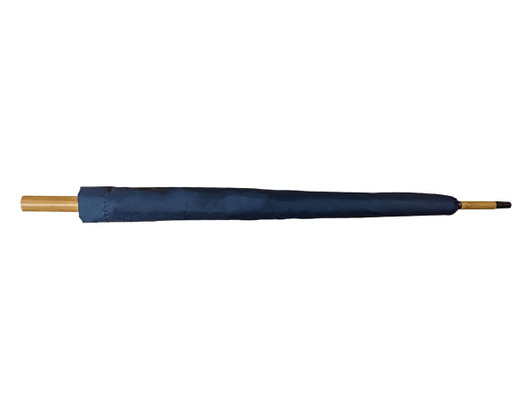 A navy RPET umbrella with a gold handle, featuring a simple design and a branding logo.