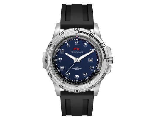 A sports watch with a navy blue dial and silver-tone case, featuring a black silicone strap and a logo.