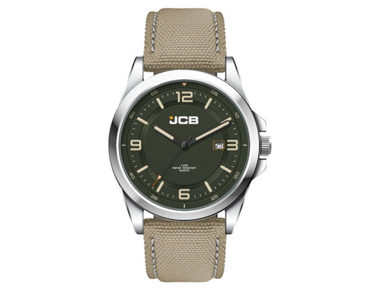 A casual unisex watch featuring a green dial and a light brown rPET strap, with a silver-tone case and logo.