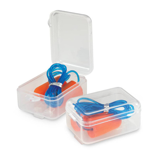 Foam earplugs in orange with blue cords, stored in clear plastic cases. Each case is partially open.