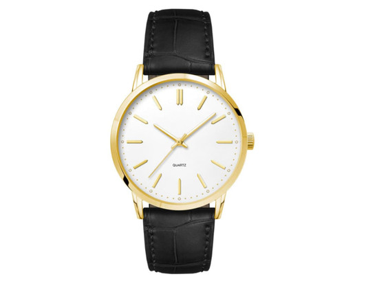 A men's dress watch featuring a gold-tone case, white dial, and black leather strap with a logo.