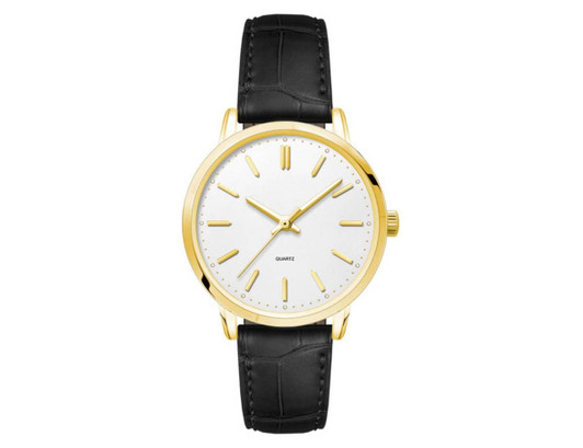 A gold ladies dress watch with a white dial and a black leather strap, featuring a minimalist design and a logo.