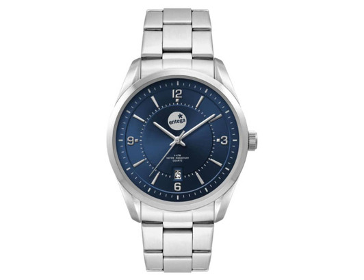A stainless steel watch with a blue dial and silver strap, featuring hour markers and a date display.