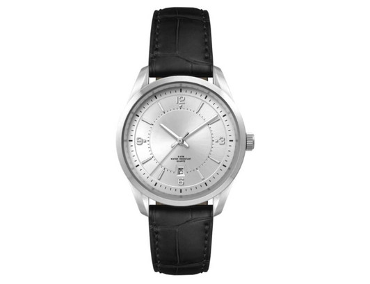 A silver watch with a minimalist dial and a black leather strap, featuring a logo on the face.