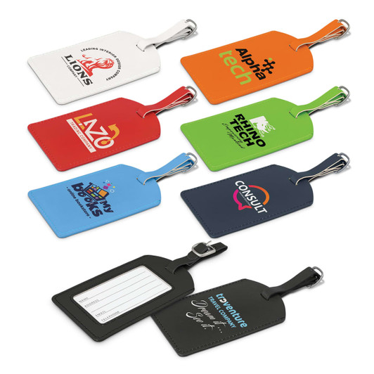 Aero Luggage Tags in various colours including orange, blue, green, and black, featuring different logos and blank info sections.