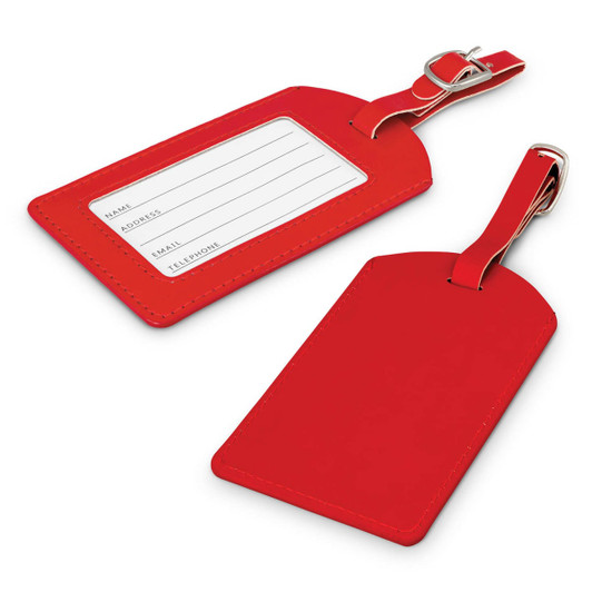 Aero Luggage Tag in bright red, featuring a clear identification panel and a silver metallic buckle.