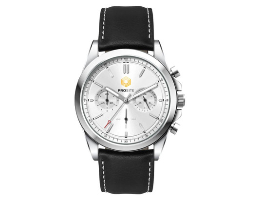 A silver chronograph watch with a leather strap and a branded logo. The design features a clean, modern aesthetic.