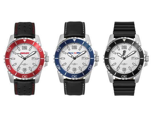 Sports watches with silver cases and white dials, featuring red, blue, and black silicone or leather straps. Each has a logo.