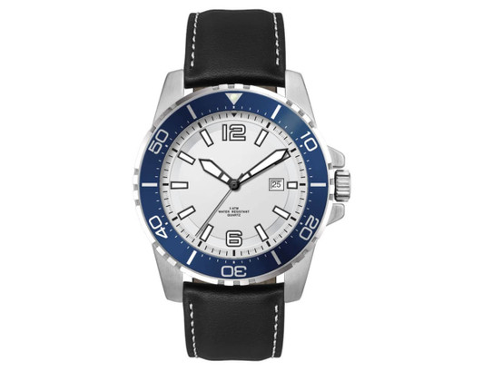 A sports watch featuring a white dial, blue bezel, and a black leather strap, with a logo on the face.