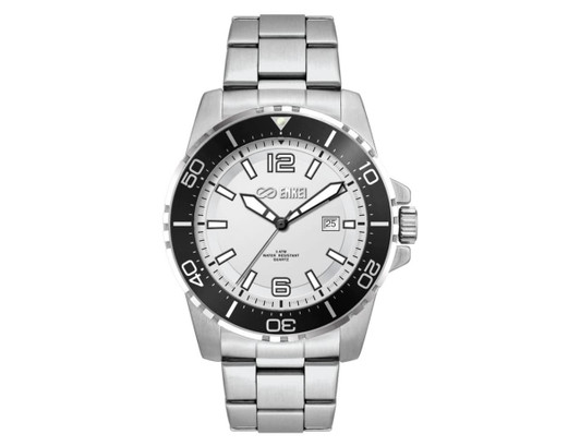A stainless steel sports watch featuring a white dial, black accents, and a date display with a branded logo.