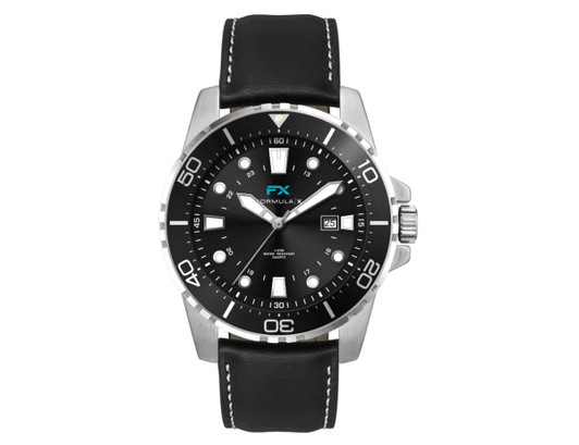 A sports watch featuring a black leather strap and a stainless steel case with a black dial and white details.