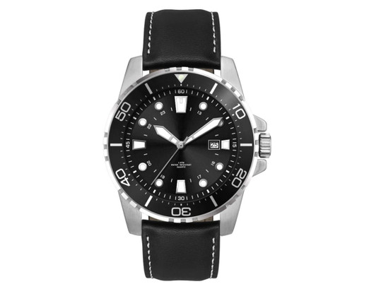 A sports watch featuring a black leather strap, silver detailing, and a black dial with luminous markers and a date function.