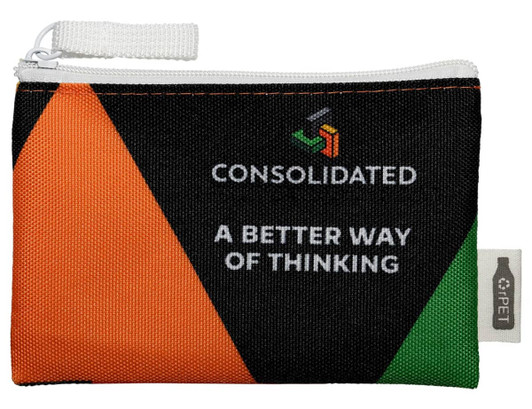 A compact pouch in black, orange, and green with a zip closure and a logo. Made from rPET material.
