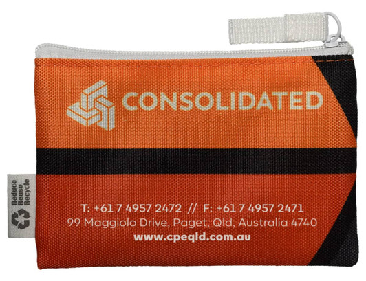 An orange and black pouch with a zip closure and a logo, made from rPET material.