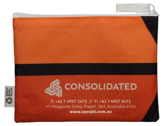 An orange pouch featuring a logo, with a zip closure, ideal for storing toiletries or small items.