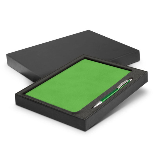 A green notebook and silver pen set displayed in a black gift box.